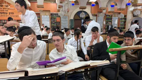 Oren Rosenfeld/BBC Ultra-Orthodox students at the the Kisse Rahamim yeshiva in Bnei Brak, Israel