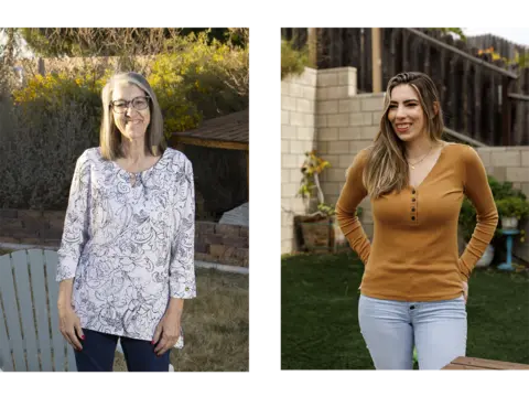 Two photos of Danni and Jordan both pictured in their gardens, they are smiling